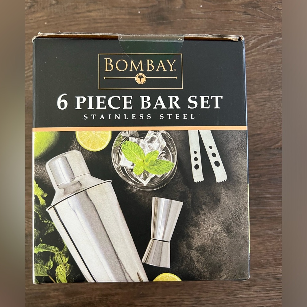 NIB Bombay 6 Piece Bar Set New Bucket Shaker Jigger Tongs Bottle Opener
